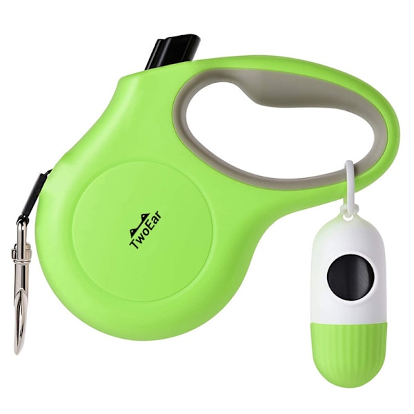 Retraktionskoppel för hund med dispenser och bajspåsar, 3 meter koppel för husdjurspromenader, halkfritt handtag, trasselfri, reflekterande nylonband (XS, grön)