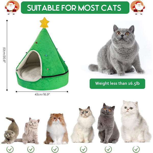 Kattbädd Julgran Katt Tält Hus Självvärmning 2 i 1 Avtagbar Bekväm Triangel Husdjur Tipi Jul Hundgrotta på vintern (Grön)