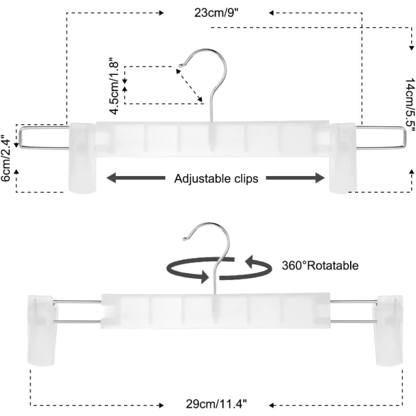Plassbesparende skjørtstativ med 360 ° svingbare kroker, justerbare klips, buksehengere, kleshengere for jakker, jeans (20-pakning, gjennomsiktig)