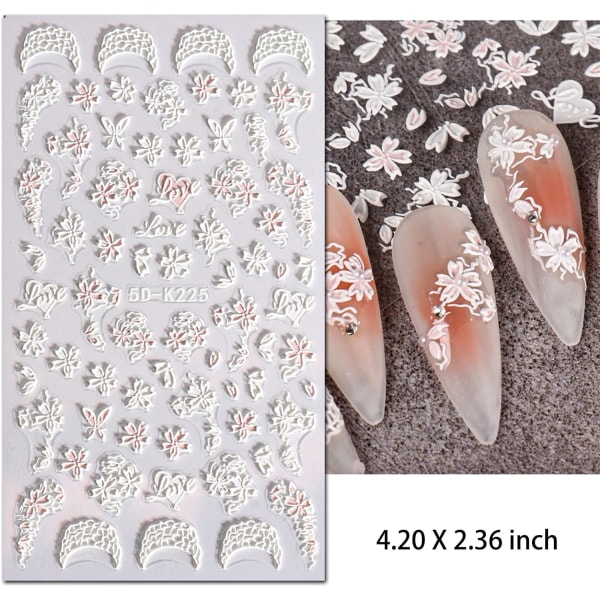 5D Nagelklistermärken med präglade blommor för Nail Art Supplies, Självhäftande Nail Art Stickers med White Daisy Leaves Designs