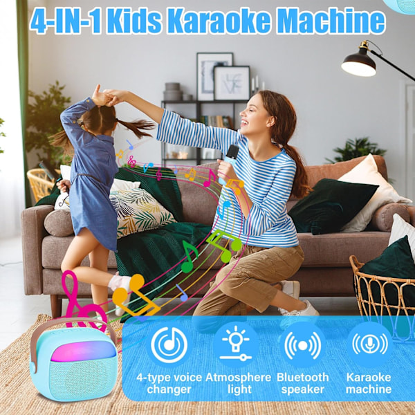 Karaokemaskin för barn med 2 trådlösa mikrofoner, portabelt KTV-system med Bluetooth, högtalare med röstförvrängningseffekter och LED-lampor Blue
