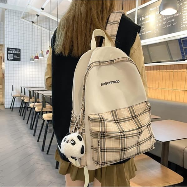 School Bag - Plaid Backpack with 1 Free Cute Panda Charm, (Beige)