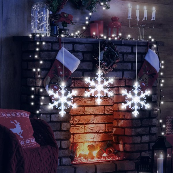 3 stk julevindulysdekorasjoner, batteridrevne julevinduhengende hvite lysende snøfnuggformede LED-sugekopplampe