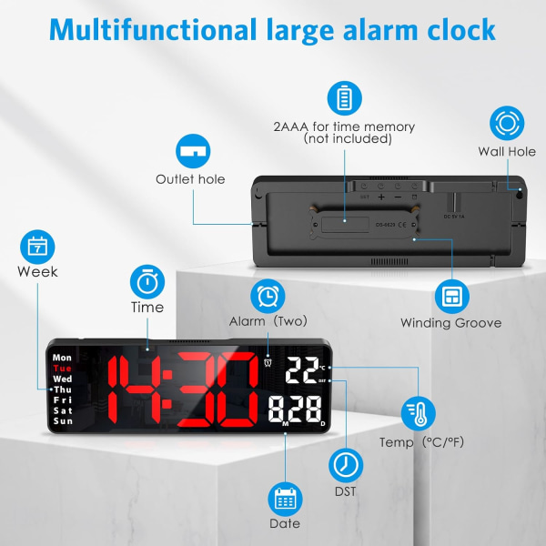 Digital klokke, 13\" stor skjerm digital veggklokke for stueinnredning, LED stor veggklokke med fjernkontroll, timer, 12/24H