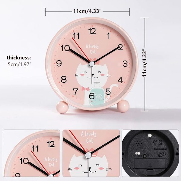 Pedagogisk barnklocka - Dag/natt, barnklocka utan tickande analog väckarklocka reseväckarklocka (rosa katt)