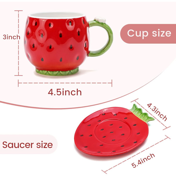 Keramisk Tekop og Underkop Kaffekrus Jordbær Kaffekrus med Underkop - 8 Ounce (Rød)