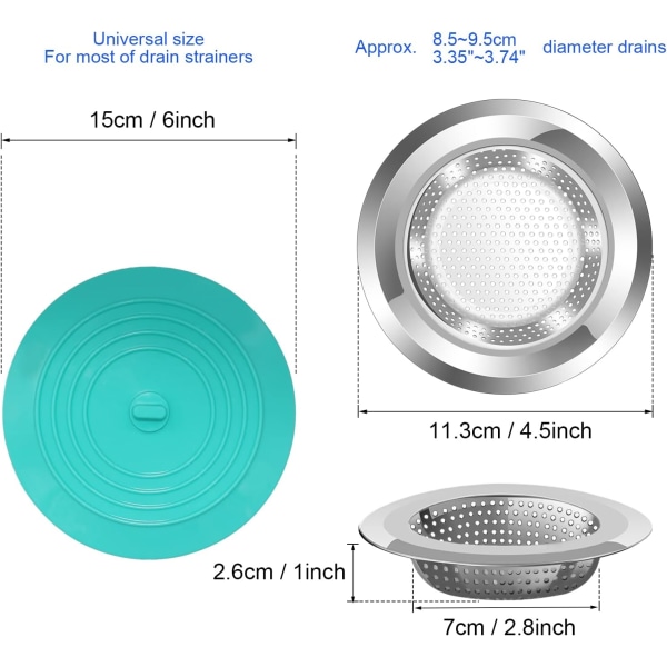 4-pakning med sil for kjøkkenvask, universell kjøkkenvaskavløpssil i silikon, pluggstoppersett, 4,5 tommers rustfritt stål sil for kjøkkenvask