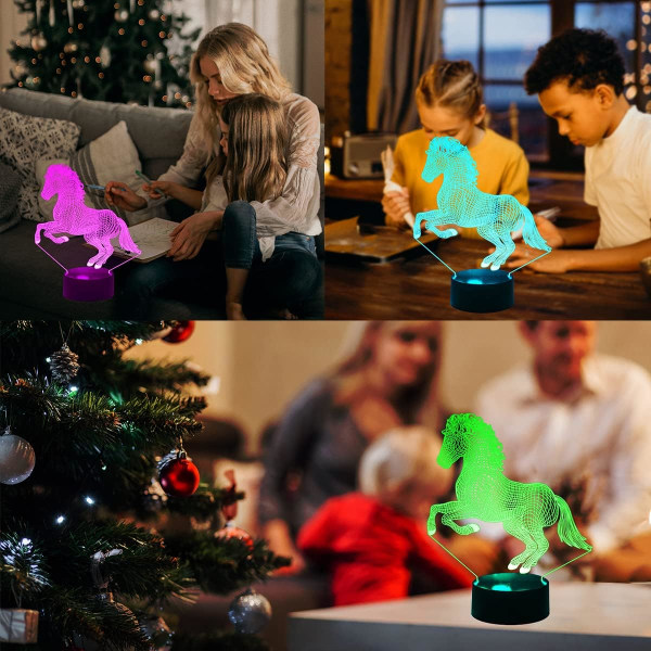 [ 7 farger/3 arbeidsmoduser/timer ] Fjernkontroll og berøringskontroll 3D illusjonshest nattlys, dimbar LED hestelampe, USB/batteridrevet