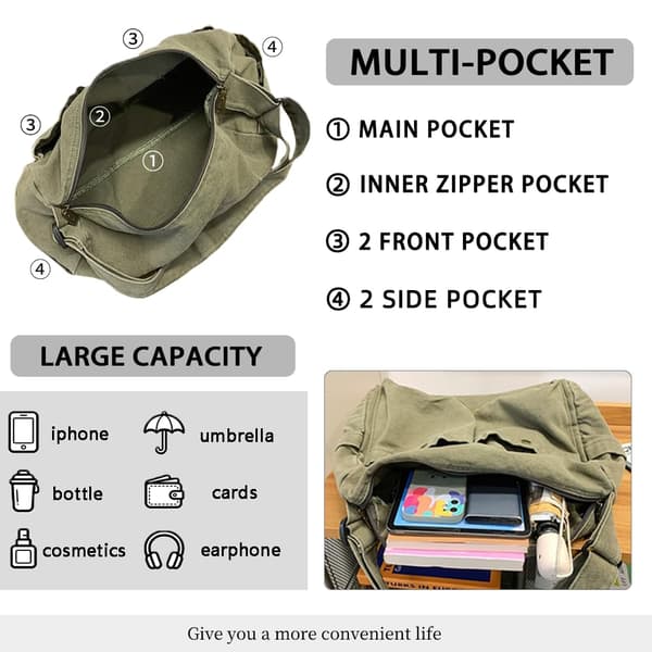 Women's Canvas Shoulder Bag, Vintage Hobo Crossbody Bag, Multi-Pocket Briefcase Handbag