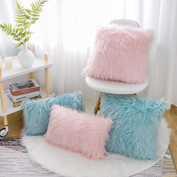 Set med 2 rosa fluffy putetrekk Ny luksusserie Merino-stil Blush Faux Fur dekorative pynteputerrekk firkantet fuzzy putetrekk 18x18 tommer