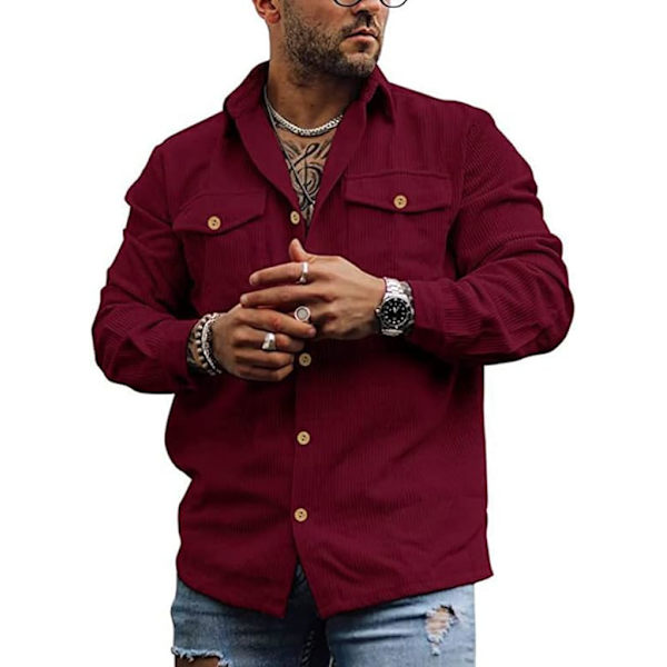 Herre Cordfløyel Skjorter Rød Lang Ermet Knappet Trucker Jakke Skjorte Casual Arbeid Shacket Skjorte med Lommer（Størrelse：XL）
