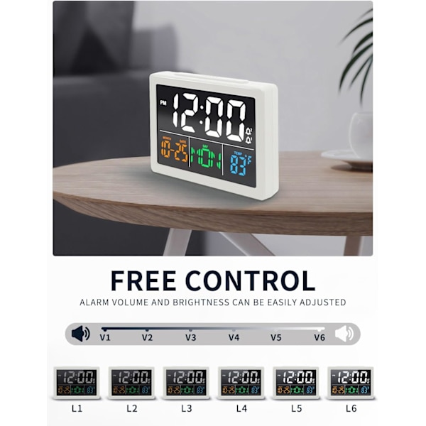 Digitalt vækkeur med 5,5\" stort LED-tidsdisplay, justerbar alarmvolumen, 6 lysstyrkeniveauer, alarminstillinger, ugedag, USB-oplader
