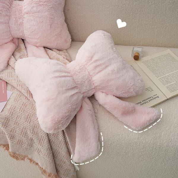 Soft Fluffy Bow Throw Pillows Cute Bow Plush Pillow Home Decor Stuffed Bow Lumbar Pillow for Bed Sofa Living Room Decor (Pink)
