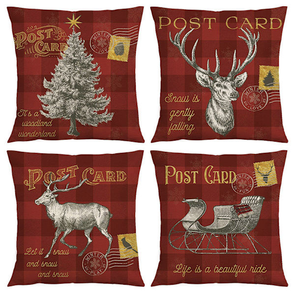 Jul Kasta Kuddfodral 18 x 18 Tum Set om 4 Vinter Dekor Kuddfodral Bondgård Snögubbe Jultomte Kuddfodral God Jul