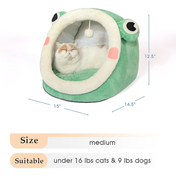 Söt kattbädd, inomhus härlig kristallsammet Igloo för katt och liten hund, varm grotta sovande bo bädd för valp och kattunge, grön groda, M.