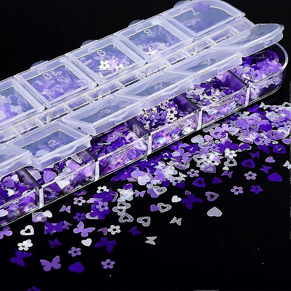 Ystävänpäivän kynsitaidetarrat, violetti glitter-tarra-setti rakkaussydän kynsipaljetit holografiset laser-sydän kimalteet koristeet romanttiseen