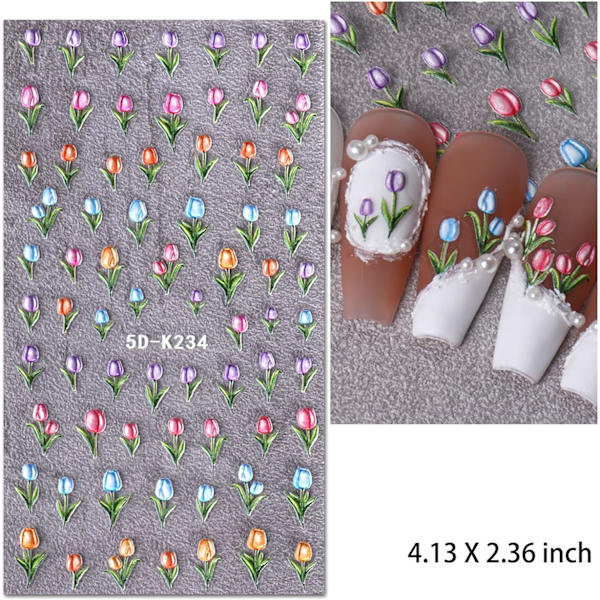 4 ark med 5D-pregede blomsterneglklistremerker for neglekunstutstyr, selvklebende neglekunst-klistremerker med fargerike franske blomsterdesign