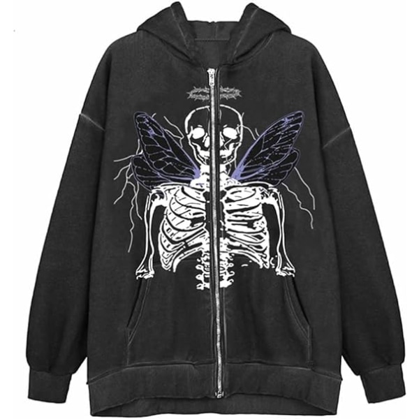 Hoodie med dragkedja för kvinnor Halloween långärmad grafisk jacka Goth Sweatshirt Girl Streetwear (Färg：mörkgrå，Vit.Size：XL）