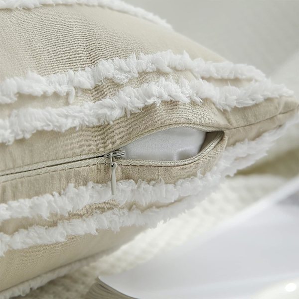 Boho dekorativa kuddfodral, neutrala randiga kuddfodral 22X22 set om 2, khakifärgade bomullslinnekuddfodral för soffa vardagsrum.