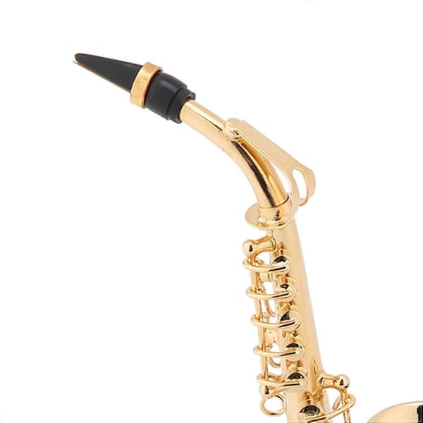 Miniatyr altsaksofonreplika med stativ og etui, gullbelagt instrumentmodellpynt