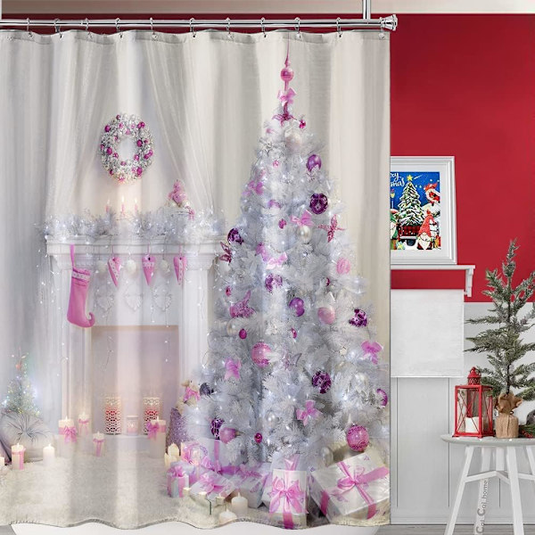 Jul Duschdraperier, Julgran med Rosa Bollar Presenter Kamin Duschdraperi Set med 12 Krokar, Tyg Rosa Jul, 72 × 72