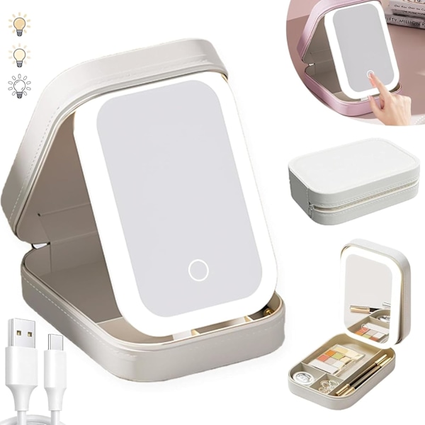 Lys Spejl Makeupboks, Kosmetik Opbevaringspose med LED Spejl | Bærbar Makeuppose - 3 Farver Med Lys Makeuppose, Rejse Makeuppose White