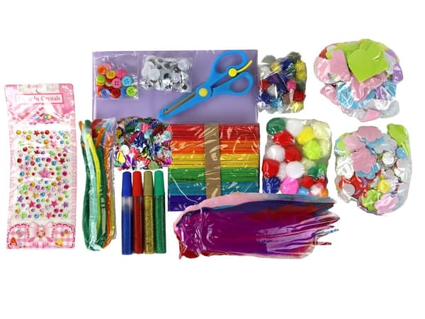 Craft set for children DIY pot with glitter, feathers, pompoms & decorations