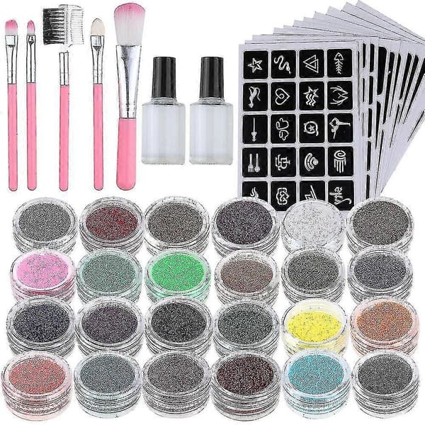Glittertatuointisetti - 24 glitterputkea & 125 sabluunaa & 2 liimaa & 5 sivellintä