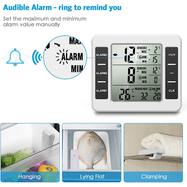 (Ny version) AMIR kylskåpstermometer, trådlös inomhus- och utomhustermometer, sensortemperaturmonitor med ljudlarm (batteri ingår ej)