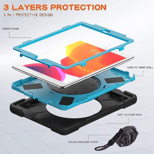 iPad 9th/8th/7th Generation Case, iPad 10.2 Case 2021/2020/2019 with Pencil Holder, Stand, Handle and Shoulder Strap Zenrich Heavy Duty