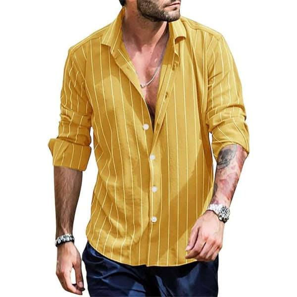 Lapel Cardigan Shirt för män - Långärmad skjorta Gulrandig printed Button Down Blus Höst Plus Size Kläder för semesterfestkläder (Storlek：M)