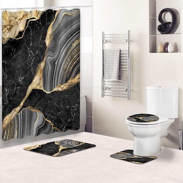 Marmor duschdraperi set, lyxig abstrakt svart marmor agat mosaik gyllene ådror badrum set, konturmatta och badmatta, 12 krokar