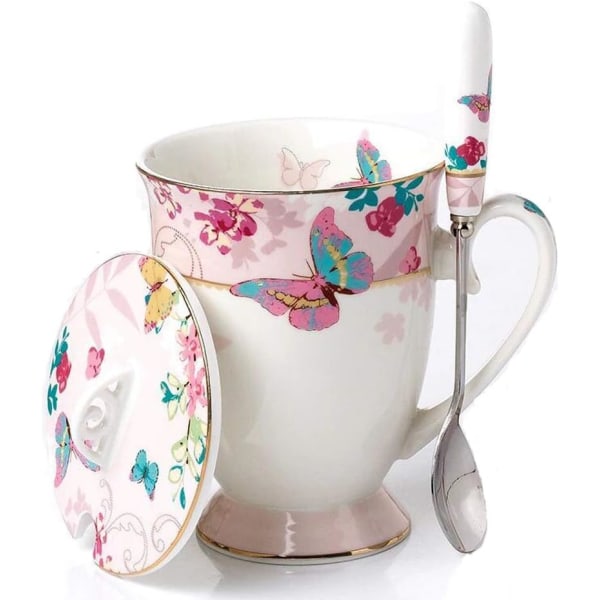 Euro Style Porslin Te Kopp Kaffe Mugg med Lock för Frukost Hem Kök (((Fjärilsmönster) (Rosa)))