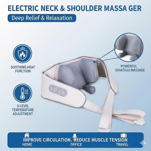Electric Neck and Shoulder Massager with Heat Function, 3 Temperature Settings, Finger Press Back Massager, Relieves Trapezius Muscle Pain.