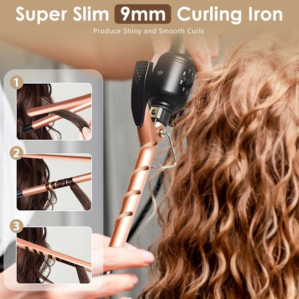Thin Curling Iron, Ultra-thin 9mm Ceramic Curling Iron with Adjustable Temperature (80℃-230℃), Small Curling Iron