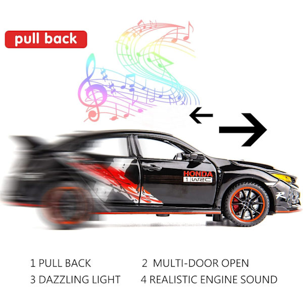 Diecast-auto 1/32 Honda Civic Type-R -malliauto, vetäytyvä leluauto valoilla ja äänillä