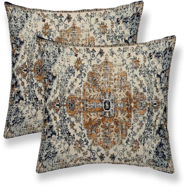 Guld Blå Bohemian Kuddfodral 18x18 Set om 2, Mattmönstrad Kuddfodral Etnisk Lantlig Lantlig Hus Kuddfodral Soffa Linne Dekoration