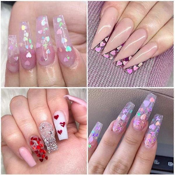 3D Hjärtformade Nagelkonst Dekaler Glitter Dekaler Kärlek Nagel Sekvenser Laser Glimmer Nagelflingor Blandade Storlekar Färgglada Glansiga Design För Akryl Nageltillbehör Char