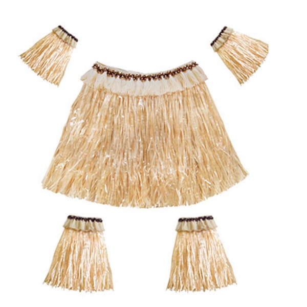 3X Hawaiiansk Græsskørt Sæt Elastisk Armærme Fodovertræk Græsskørt Hula Dansekostume Strand (Stråfarve)
