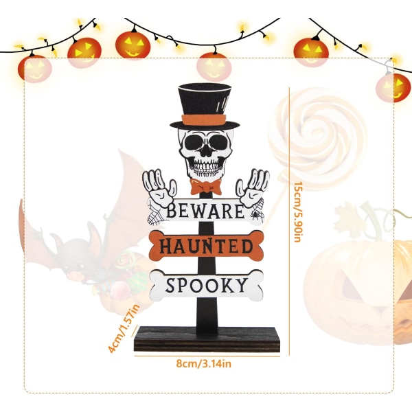 Halloween-bordpynt, Halloween-treornament Lykkelig skiltstativ for Halloween-fest Vindustuebordplatepynt, 14 x 8 cm (skjelett)