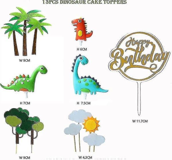 13 stk. 3D dinosaur kagepynt cupcake-pynt kagedekorationer til børnefødselsdag babyshower festartikler