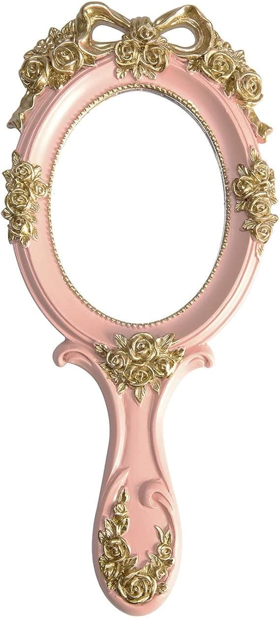 Vintage Hand Mirror with Handle - Cute Princess Rose Cosmetic Handle pink
