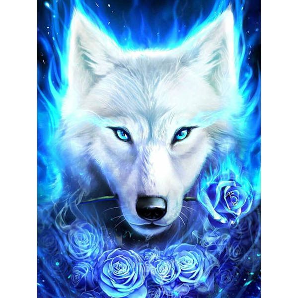 5D DIY Wolf Diamond Painting by Number Kits, Blå Ulv med Rose Diamond Art Kits for Voksne, Perfekt for Veggdekor og Gaver, 11,8 X 15,7 Tommer