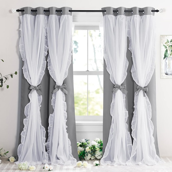 Dubbla veckade gardiner med genomskinligt tyg och band, 132,08 cm B x 213,36 cm L, silvergrå, 2-pack