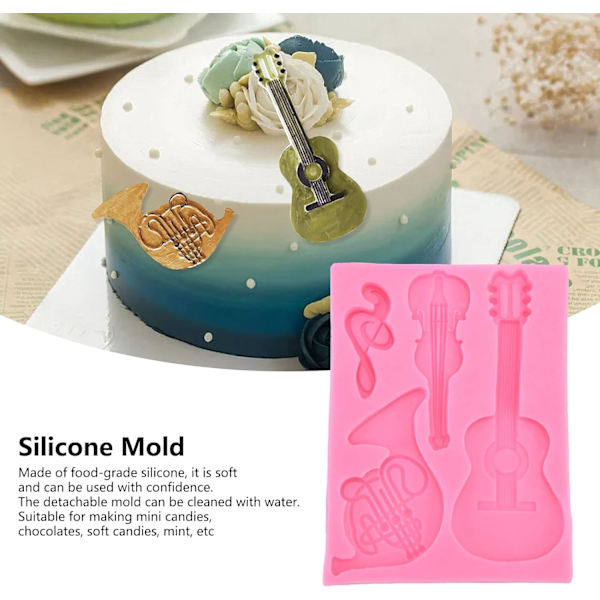 Guitarformet fondantform, silikone musik slikforme lyserød chokoladeform guitar isterningbakke til kagebagning dekoration