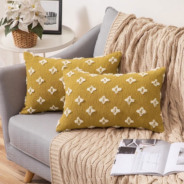 Set med 2 dekorative pynteputeretrek Rhombic Jacquard putetrekk Myk rektangulær putetrekk 12x20 tommer, Gul