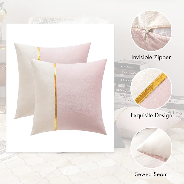 Ett paket med 2 dekorativa kuddfodral i sammet, parat med fyrkantiga, solida, mjuka kuddfodral i guldläder, soffkuddfodral 18 x 18 tum rosa