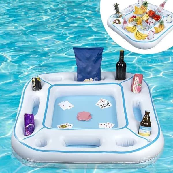 Inflatable Pool Game Table - Floating Card Table with Waterproof Playing Cards, Drink & Snack Tray - White Pool Party Float for Hot Days White