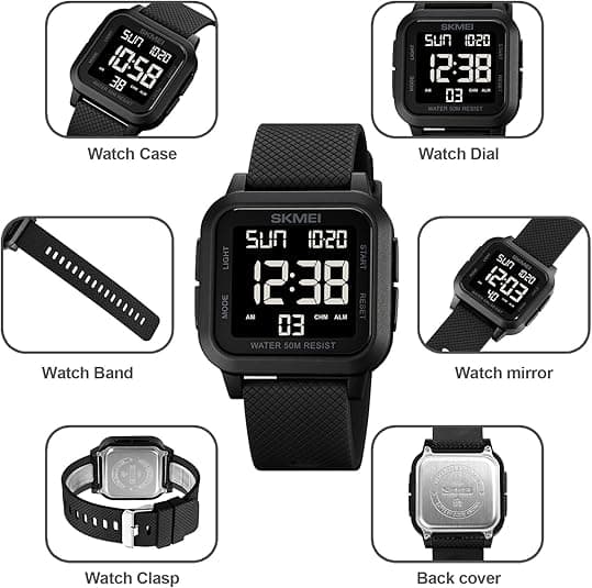 New square watch with large dial, waterproof/alarm/countdown/dual time zone/chronograph/12/24 hours (black & black)