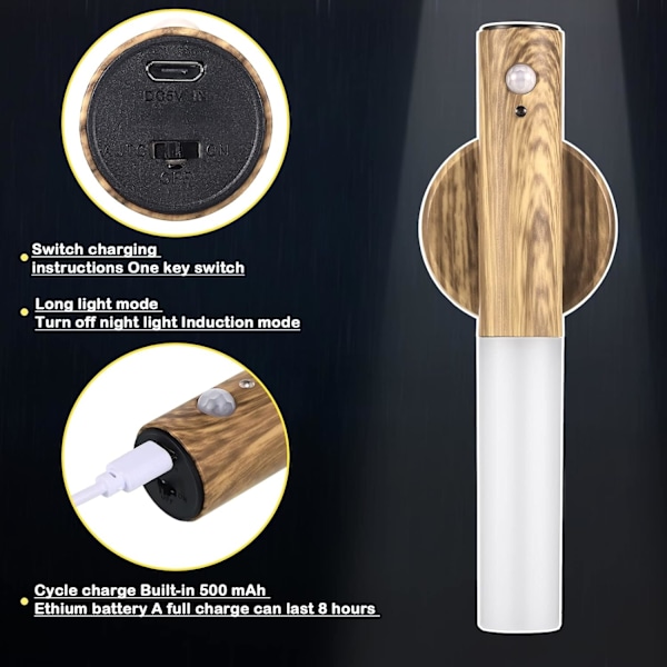 2 st rörelsesensor nattlampa magnetisk vägglampa USB LED-lampor uppladdningsbar stick trådlös trappa inomhus trävägglampor med stort batteri